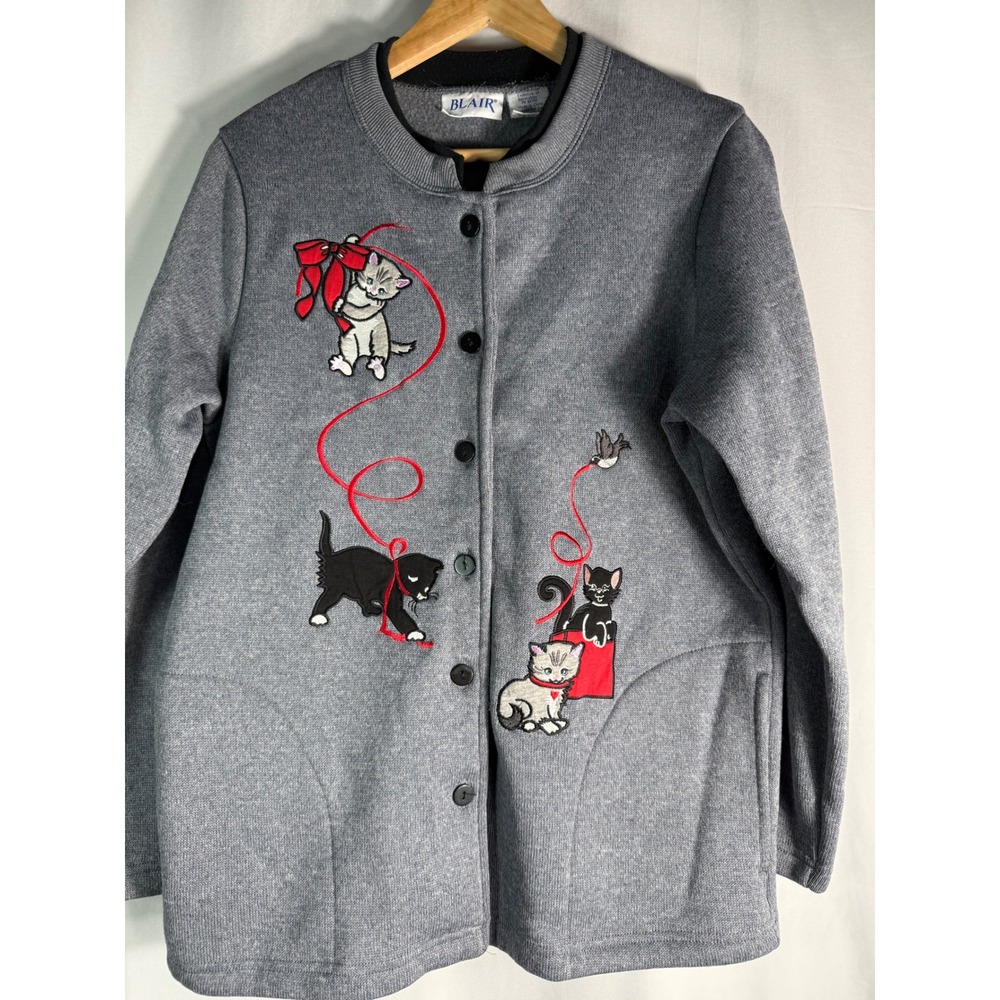 Blair Womens Medium Novelty Embroidered Cats Button Front Gray Christmas Sweater
